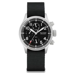 Militado ML1868-2 chronograph with black dial and white hands, no date, on black nylon strap