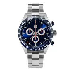San Martin SN018 chronograph with blue dial and blue tachymeter bezel on steel bracelet