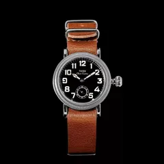 Thorn T013 in steel with black dial and small seconds on a tan leather strap