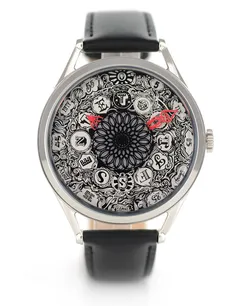 Mr Jones Fantastic Exploits Silver, tattoo-style lettered dial in a polished steel case on black leather, front view