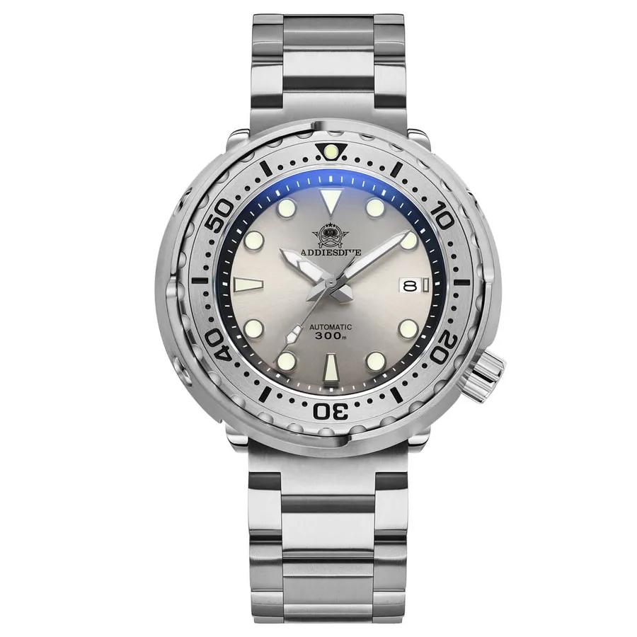 Addiesdive H5C shrouded tuna-style diver with grey sunburst dial, blue chapter ring and engraved steel bezel on a three-link bracelet
