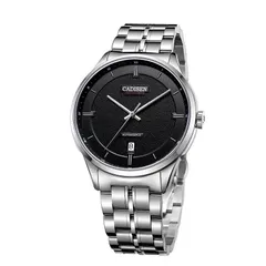 Cadisen C8156M automatic with textured black dial and date at 6 on a steel bracelet