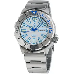 Islander ISL-56 automatic dive watch with white dial, ice blue hands and markers and blue 0-15 bezel markings