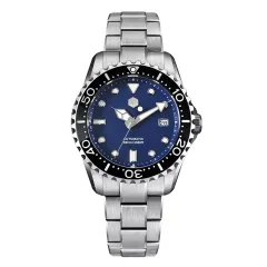 San Martin SN009-G-D with dark blue dial and black ceramic bezel on bracelet