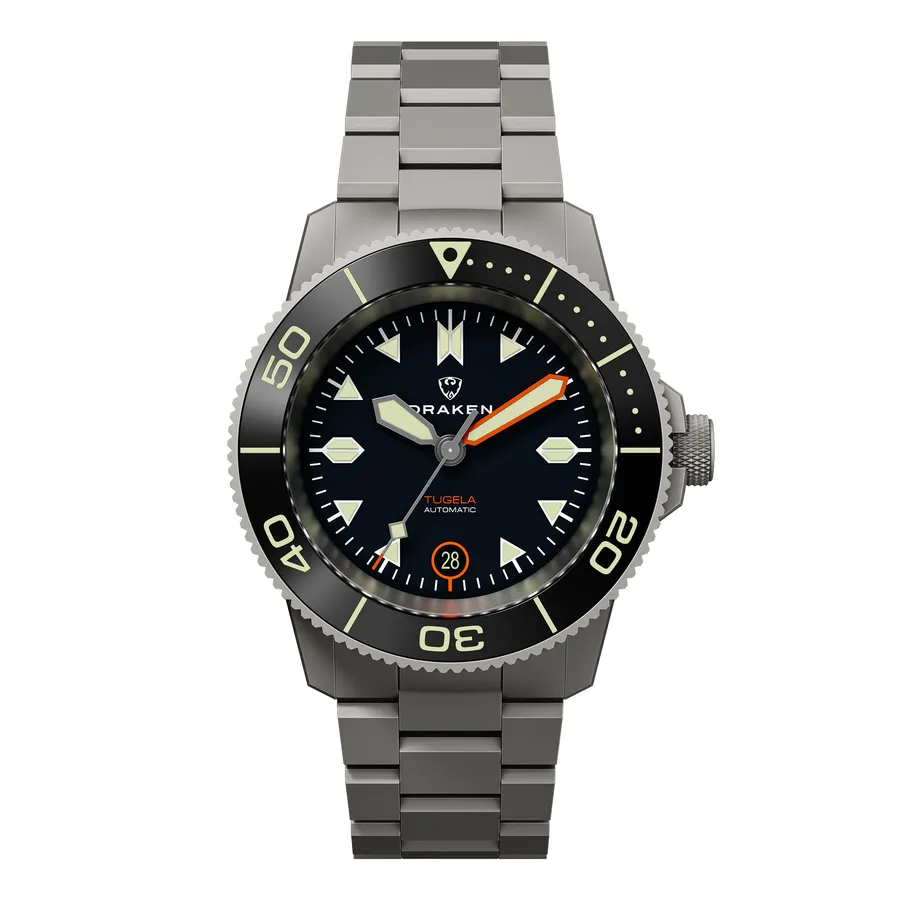 Draken Tugela with a black bezel and black dial on the bead-blasted steel bracelet