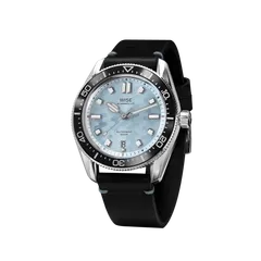 Wise Adamascus AD880A in 904L steel, light blue wavy dial, black ceramic bezel, on black leather strap