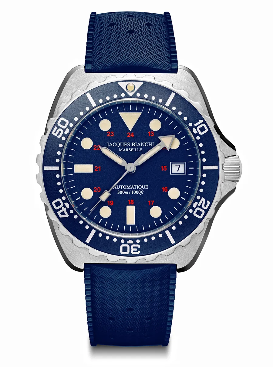 Jacques Bianchi JB300 Bleue, navy Maxi Dial with date at 3, on navy Tropic strap