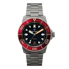 Draken Tugela with a red bezel and black dial on the bead-blasted steel bracelet