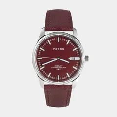 Fears Redcliff Date with glossy Passport Red burgundy dial on a burgundy leather strap