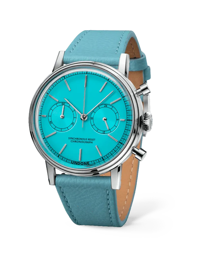 Undone Urban Stellar Tiff Blue chronograph with turquoise enamel dial on a blue leather strap