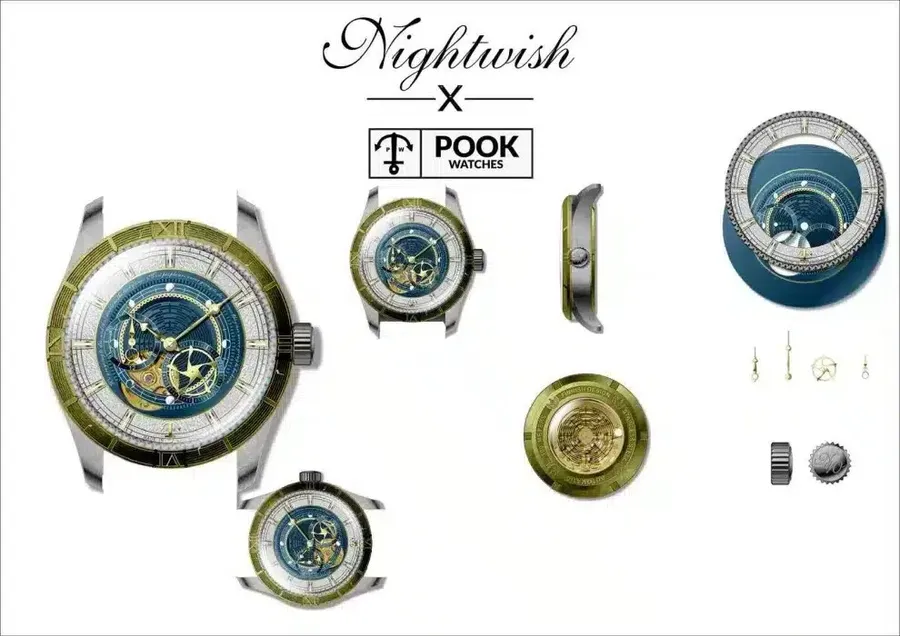 Design render of the Pook x Nightwish Yesterwynde with blue open-heart dial, from the front, side and back