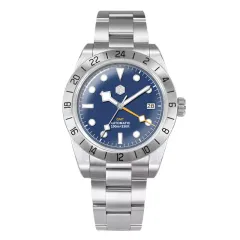 San Martin SN0054-G-C 39mm NH34 GMT with blue dial and date at 3 on bracelet