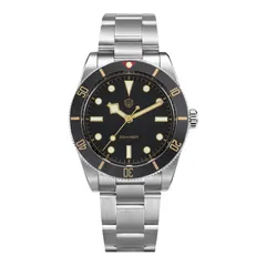 Watchdives WD7922 with black dial and black bezel with yellow markings on the 3-link bracelet