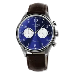 Tusenö First 42 Panda, silver case, blue reverse-panda dial, on brown leather strap