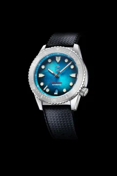 Zelos Mako V3 300m in steel, teal fumé dial, steel bezel, on tropic rubber strap