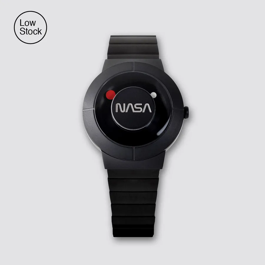 The Space Watch by Richard Danne, Space Black, with the red NASA worm logo on a black dial and black bracelet