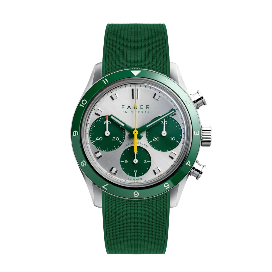 Farer Racing Chronograph Gara, silver sunburst dial with green sub-dials and green ceramic bezel, on integrated green rubber strap