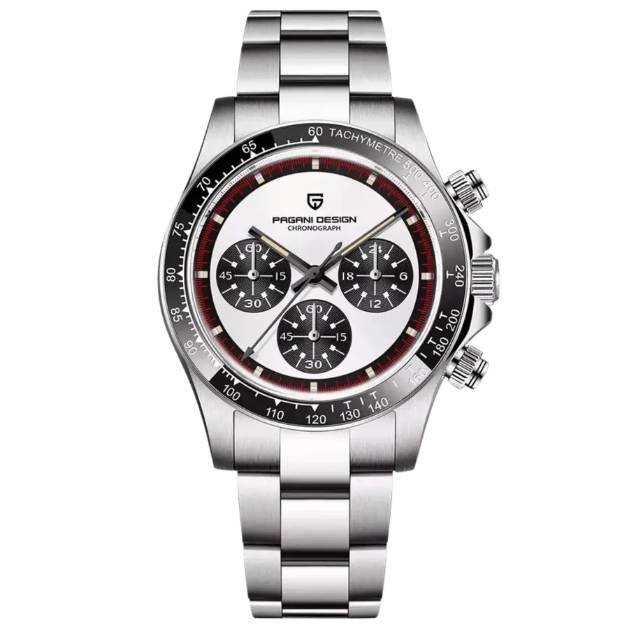 Pagani Design PD-1676 "Paul Newman" style chronograph with white dial, black sub-dials and black tachymeter bezel