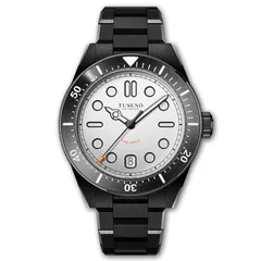 Tusenö Shellback V2 DLC White, semi-matte white dial on black DLC case