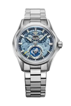 Zelos Spearfish Dual Time Ti Ocean Blue, blue-tinted sapphire dial with blue world disc, on titanium bracelet