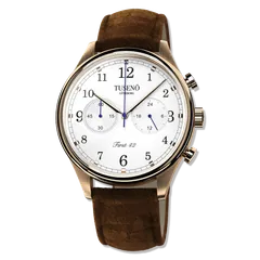 Tusenö First 42, rose gold case, white dial, on brown suede strap