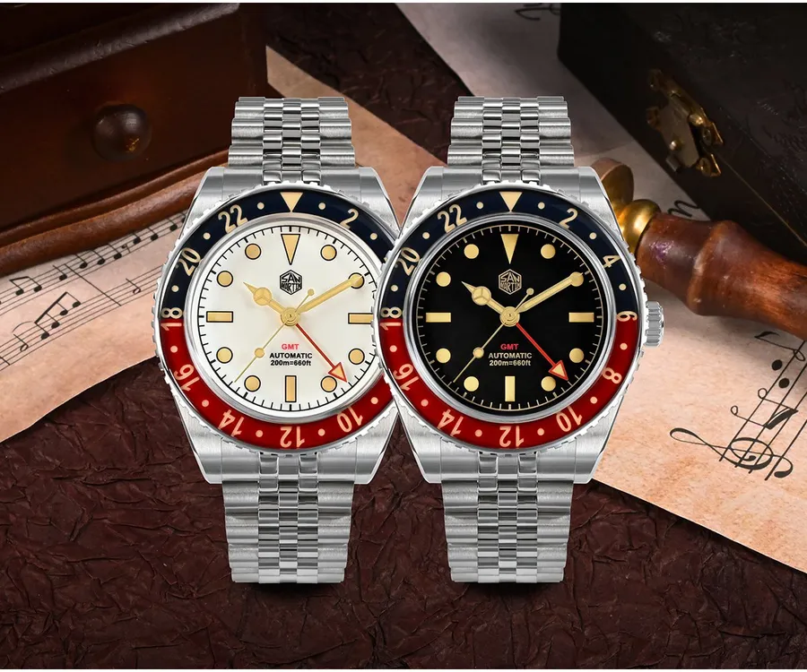 San Martin SN005-G2-GMT in white and black, red and blue GMT bezel, jubilee-style bracelet