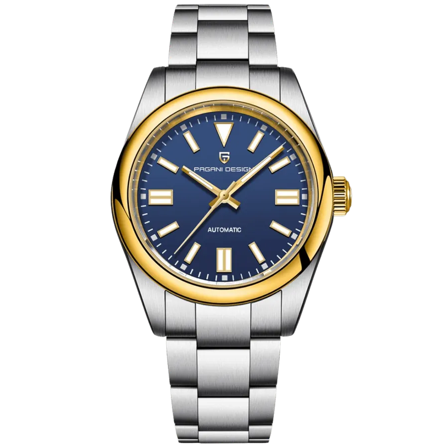 Pagani Design PD-1831 with blue dial, gold-tone smooth bezel and crown, no date, on Oyster-style bracelet