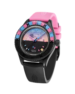 Undone x hololive Party2Gether Mococo with black-coated Basecamp case and pink, blue and black half-and-half dial on a black and pink strap