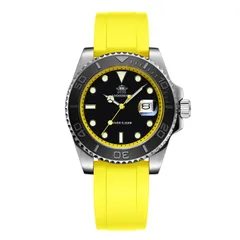 Addiesdive AD2040 with yellow chapter ring and black bezel on a yellow rubber strap
