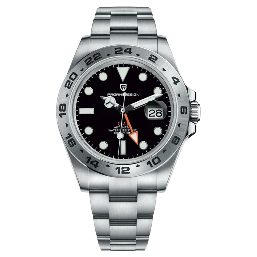 Pagani Design PD-1682 GMT with black dial, orange GMT hand and steel 24-hour bezel on Oyster-style bracelet