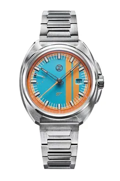 Zelos GT 40mm Heritage, light blue dial with orange racing stripes and orange chapter ring, on steel bracelet
