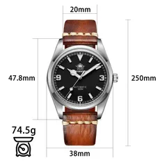 Addiesdive AD2112 dimension graphic on the leather strap (38mm, 47.8mm lug-to-lug, 20mm, 250mm, 74.5g)