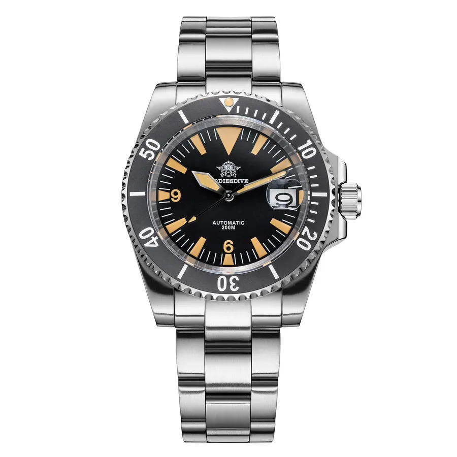 Addiesdive AD2064 with black dial, sword hands, vintage-tone lume and black ceramic bezel on a three-link bracelet