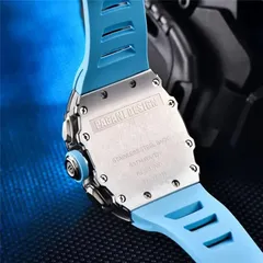 Pagani Design PD-YS011 solid caseback held by screws, engraved "Stainless steel back, 5ATM water resistant, PD-YS011"