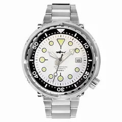 Heimdallr HMSG11 Tuna Can with white dial on steel bracelet