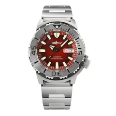 Heimdallr Sharkey Ocean Monster V2 with red dial and black-edged hands on steel bracelet
