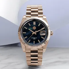 San Martin SN059-G 39mm, rose gold-tone, mother-of-pearl dial, fluted bezel and cyclops date on president-style bracelet