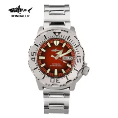 Heimdallr Sharkey Ocean Monster V2 with red dial and silver-edged hands on steel bracelet