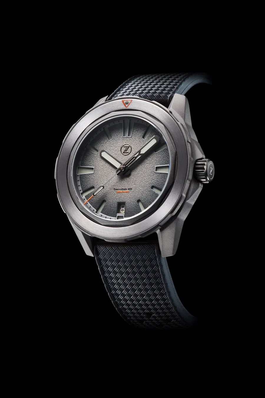 Zelos Swordfish 40mm in tantalum, grey textured dial and sterile brushed tantalum bezel, on tropic rubber strap