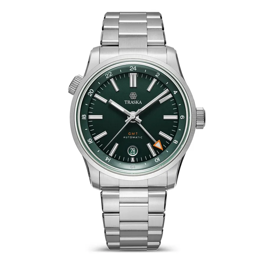 Traska Venturer GMT, green dial with 24-hour inner bezel, on bracelet, front view