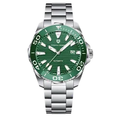 Pagani Design PD-1668A with green striped dial and green bezel on steel bracelet