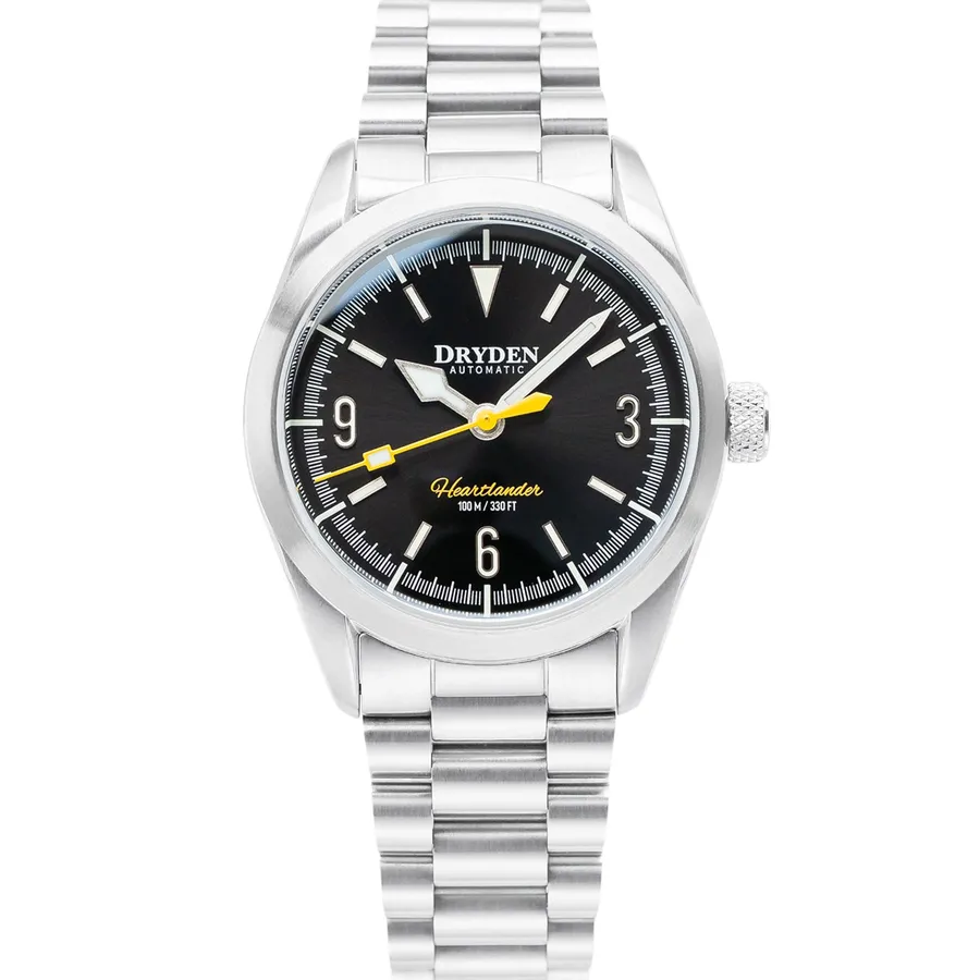 Dryden Heartlander Automatic Goldfinch, black sunburst no-date dial, on president-style bracelet