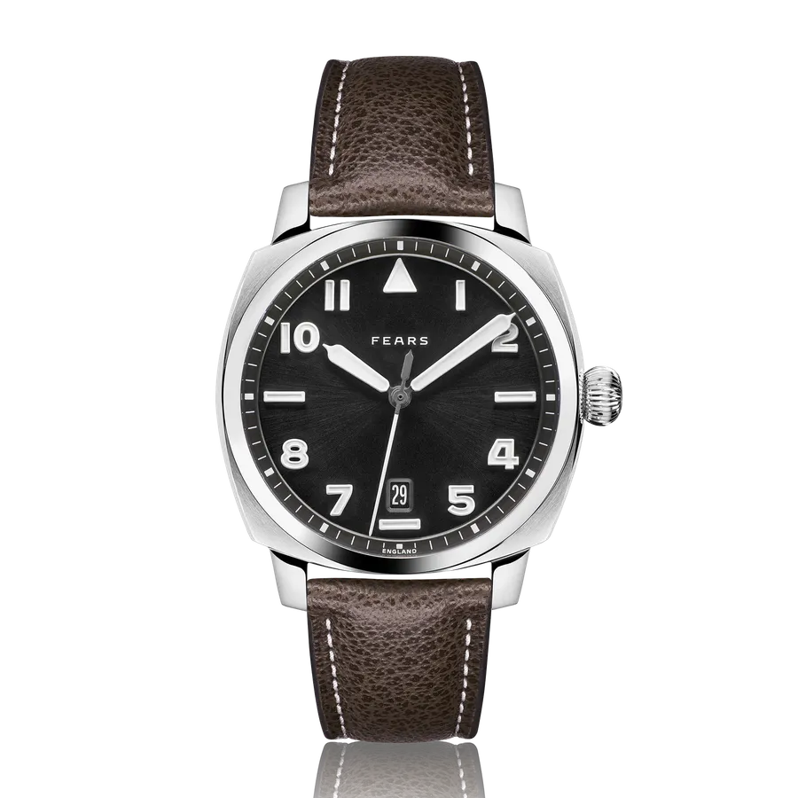 Fears Brunswick 40 Filton Raven Black with black pilot's dial, lumed indices and date window on a brown leather strap