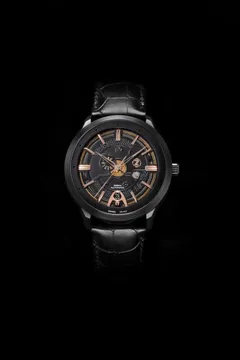Zelos Avant A-2, PVD-coated steel case, black semi-skeleton dial with rose-gold-tone hands and indices, on black croc-print leather strap