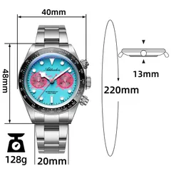 Addiesdive AD2520 dimension graphic (40mm, 48mm lug-to-lug, 13mm, 20mm, 220mm bracelet, 128g)