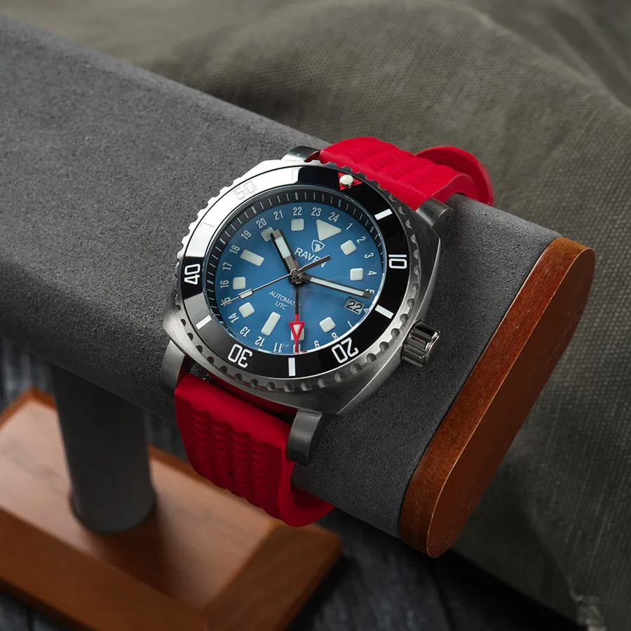 Raven Custom 42mm GMT, blue dial, cushion case, on red rubber strap