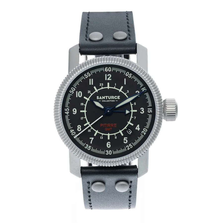 Santurce Collection Pitirre True GMT, 38mm sandblasted steel case, black dial with 24-hour scale, on black riveted leather strap