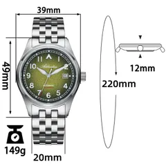 Addiesdive AD2562 dimension graphic (39mm, 49mm lug-to-lug, 12mm, 20mm, 220mm bracelet, 149g)