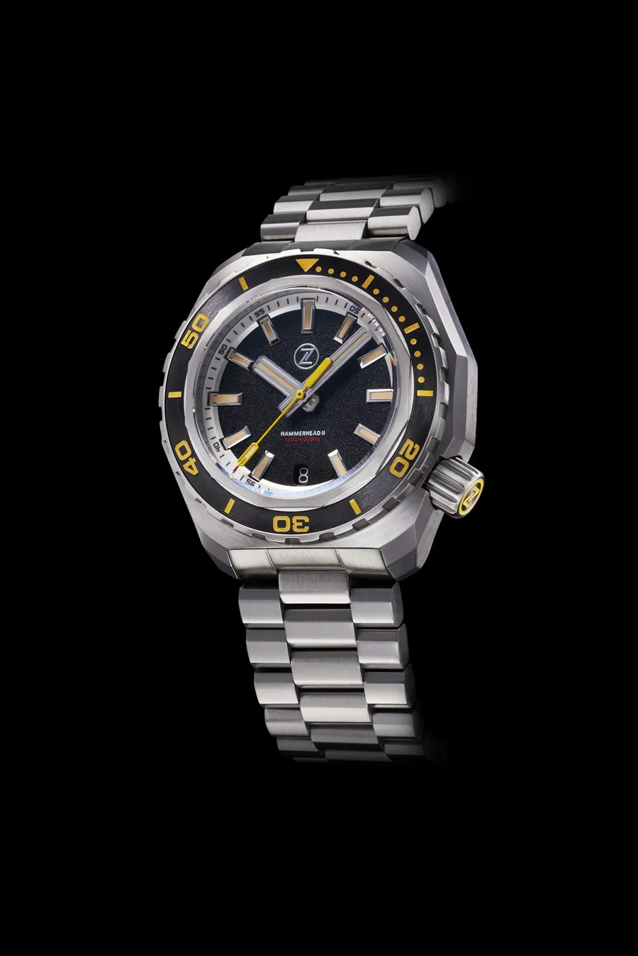 Zelos Hammerhead 2 in steel, black sand dial, black ceramic bezel, on steel bracelet