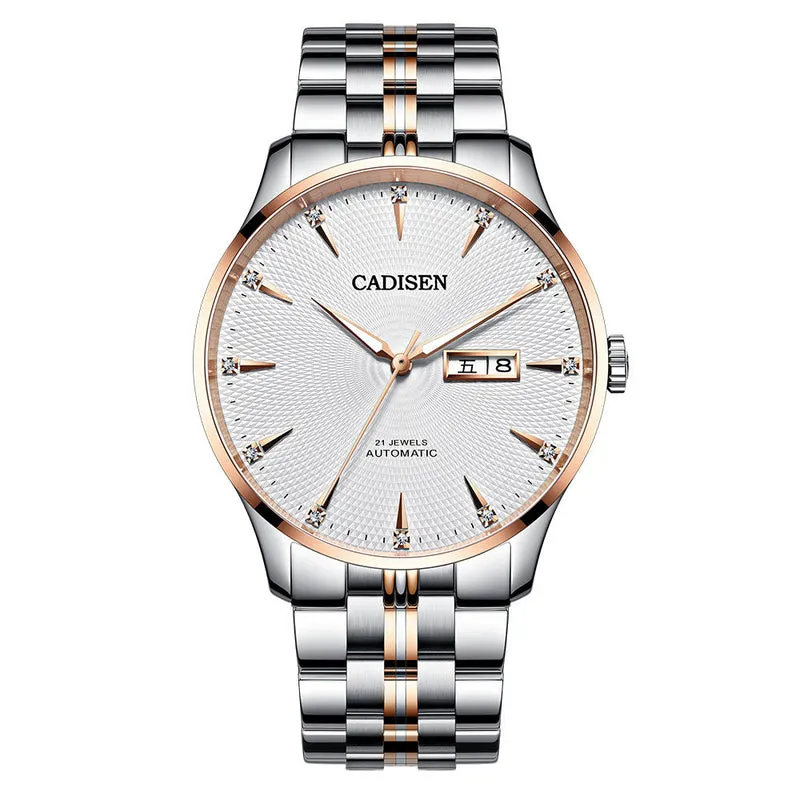 Cadisen C8148 automatic with white guilloché dial, stone-set markers and day-date at 3 in two-tone steel and rose gold-tone